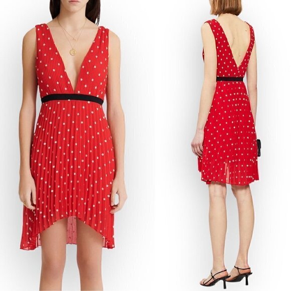 NWT MAJE Relina Flower-Embroidered Pleated Mini Dress in Red, Size 38FR - Picture 1 of 16